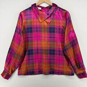 PS ILLUSTRATIONS Top 10 Satin Plaid Collared 80s Blouse Long Sleeve Pink USA VTG